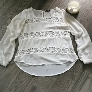 ISSI sheer and crochet lace long sleeve blouse. White, size Medium